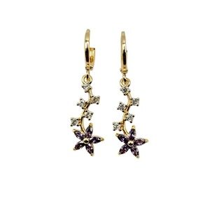 Floral Gold and Purple Dangle Earrings with Crystals-